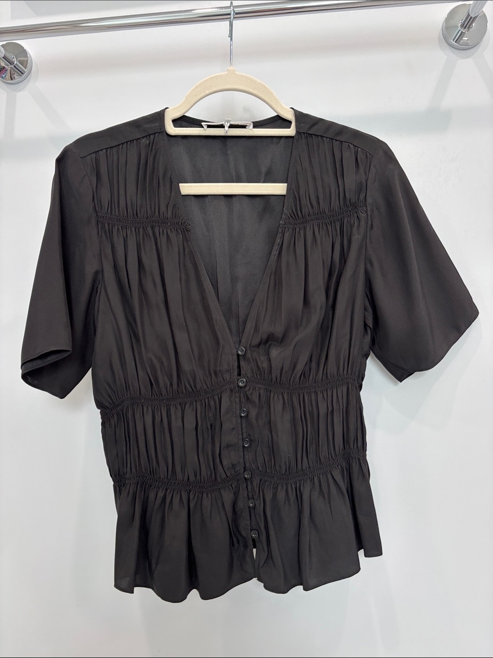 Frame Denim Black V-Neck Button Smocked Blouse